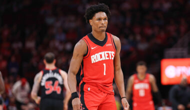 HOUSTON, TEXAS - MARCH 10: Amen Thompson #1 of the Houston Rockets looks on during the first half against the Toronto Raptors at Toyota Center on March 10, 2026 in Houston, Texas. NOTE TO USER: User expressly acknowledges and agrees that, by downloading and or using this photograph, User is consenting to the terms and conditions of the Getty Images License Agreement. (Photo by Jack Gorman/Getty Images)