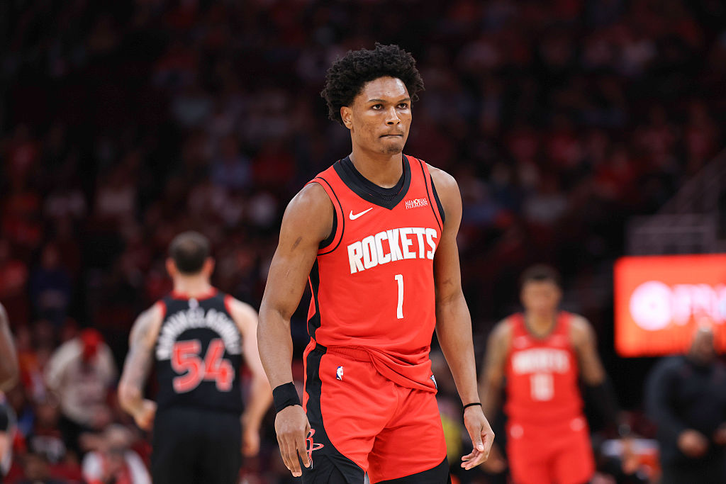 HOUSTON, TEXAS - MARCH 10: Amen Thompson #1 of the Houston Rockets looks on during the first half against the Toronto Raptors at Toyota Center on March 10, 2026 in Houston, Texas. NOTE TO USER: User expressly acknowledges and agrees that, by downloading and or using this photograph, User is consenting to the terms and conditions of the Getty Images License Agreement. (Photo by Jack Gorman/Getty Images)
