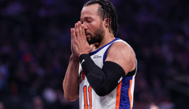 NEW YORK, NEW YORK - MARCH 15: Jalen Brunson #11 of the New York Knicks prepares before the game against the Golden State Warriors at Madison Square Garden on March 15, 2026 in New York City. NOTE TO USER: User expressly acknowledges and agrees that, by downloading and or using this photograph, user is consenting to the terms and conditions of the Getty Images License Agreement. (Photo by Dustin Satloff/Getty Images)