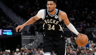 MILWAUKEE, WISCONSIN - MARCH 15: Giannis Antetokounmpo #34 of the Milwaukee Bucks dribbles the ball against the Indiana Pacers during the third quarter at Fiserv Forum on March 15, 2026 in Milwaukee, Wisconsin. NOTE TO USER: User expressly acknowledges and agrees that, by downloading and or using this photograph, User is consenting to the terms and conditions of the Getty Images License Agreement. (Photo by Patrick McDermott/Getty Images)