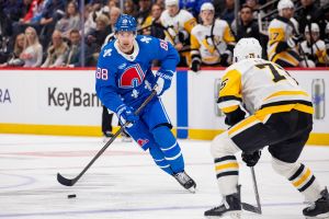 DENVER, COLORADO - MARCH 16: Martin Necas #88 of the Colorado Avalanche skates with the puck during the second period against the Pittsburgh Penguins at Ball Arena on March 16, 2026 in Denver, Colorado. (Photo by Ashley Potts/NHLI via Getty Images)