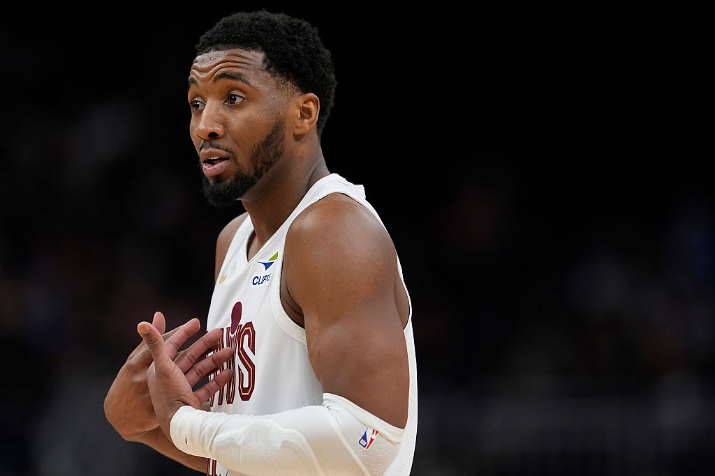MILWAUKEE, WISCONSIN - MARCH 17: Donovan Mitchell #45 of the Cleveland Cavaliers reacts during the fourth quarter against the Milwaukee Bucks at Fiserv Forum on March 17, 2026 in Milwaukee, Wisconsin. NOTE TO USER: User expressly acknowledges and agrees that, by downloading and or using this photograph, User is consenting to the terms and conditions of the Getty Images License Agreement. (Photo by Patrick McDermott/Getty Images)