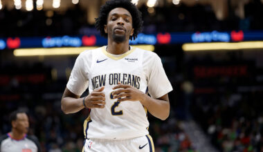 NEW ORLEANS, LOUISIANA - MARCH 16: Herbert Jones #2 of the New Orleans Pelicans walks backcourt during the second half of a game at Smoothie King Center on March 16, 2026 in New Orleans, Louisiana. NOTE TO USER: User expressly acknowledges and agrees that, by downloading and or using this photograph, User is consenting to the terms and conditions of the Getty Images License Agreement. (Photo by Tyler Kaufman/Getty Images)