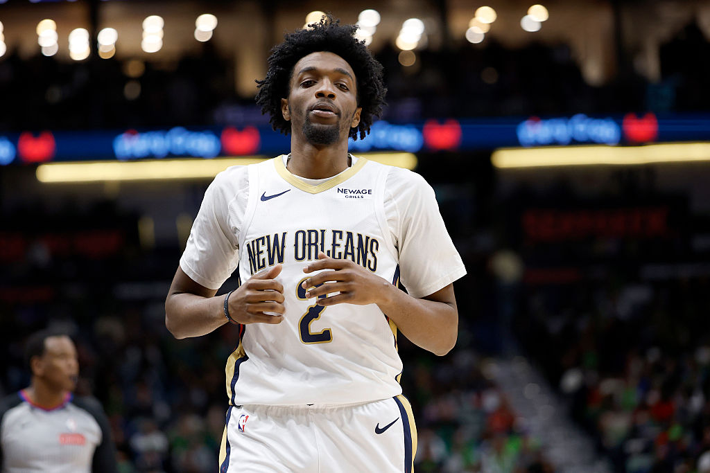NEW ORLEANS, LOUISIANA - MARCH 16: Herbert Jones #2 of the New Orleans Pelicans walks backcourt during the second half of a game at Smoothie King Center on March 16, 2026 in New Orleans, Louisiana. NOTE TO USER: User expressly acknowledges and agrees that, by downloading and or using this photograph, User is consenting to the terms and conditions of the Getty Images License Agreement. (Photo by Tyler Kaufman/Getty Images)