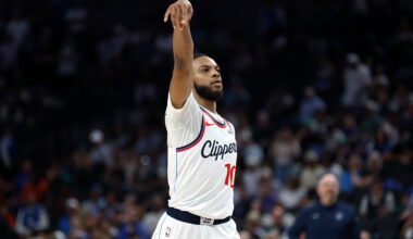 DALLAS, TEXAS - MARCH 21: Darius Garland #10 of the Los Angeles Clippers reacts after scoring a basket in overtime against the Dallas Mavericks at American Airlines Center on March 21, 2026 in Dallas, Texas. NOTE TO USER: User expressly acknowledges and agrees that, by downloading and or using this photograph, User is consenting to the terms and conditions of the Getty Images License Agreement. (Photo by Ron Jenkins/Getty Images)