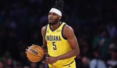 NEW YORK, NEW YORK - MARCH 17: Forward Jarace Walker #5 of the Indiana Pacers in action during the game against the New York Knicks at Madison Square Garden on March 17, 2026 in New York City. The Knicks won 136-110. NOTE TO USER: User expressly acknowledges and agrees that, by downloading and or using this photograph, User is consenting to the terms and conditions of the Getty Images License Agreement. (Photo by Sarah Stier/Getty Images)