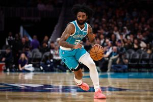 CHARLOTTE, NORTH CAROLINA - MARCH 19: Coby White #3 of the Charlotte Hornets dribbles the ball to the basket during the first half of the basketball game against the Orlando Magic at Spectrum Center on March 19, 2026 in Charlotte, North Carolina. NOTE TO USER: User expressly acknowledges and agrees that, by downloading and or using this photograph, User is consenting to the terms and conditions of the Getty Images License Agreement. (Photo by David Jensen/Getty Images)