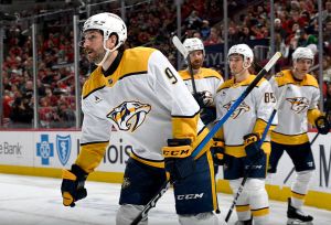 CHICAGO, ILLINOIS - MARCH 22: Filip Forsberg #9 of the Nashville Predators skates after celebrating with teammates after scoring against the Chicago Blackhawks in the second period at the United Center on March 22, 2026 in Chicago, Illinois. (Photo by Bill Smith/NHLI via Getty Images)