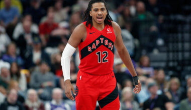 SALT LAKE CITY, UT - MARCH 23: Collin Murray-Boyles #12 of the Toronto Raptors calls a defensive play during the second half of their game against the Utah Jazz at the Delta Center on March 23, 2026 in Salt Lake City, Utah.NOTE TO USER: User expressly acknowledges and agrees that, by downloading and or using this photograph, User is consenting to the terms and conditions of the Getty Images License Agreement. (Photo by Chris Gardner/Getty Images)