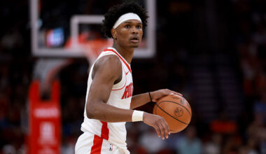 HOUSTON, TEXAS - MARCH 21: Amen Thompson #1 of the Houston Rockets in action during the game between the Miami Heat and the Houston Rockets at Toyota Center on March 21, 2026 in Houston, Texas. NOTE TO USER: User expressly acknowledges and agrees that, by downloading and or using this photograph, User is consenting to the terms and conditions of the Getty Images License Agreement. (Photo by Kenneth Richmond/Getty Images)