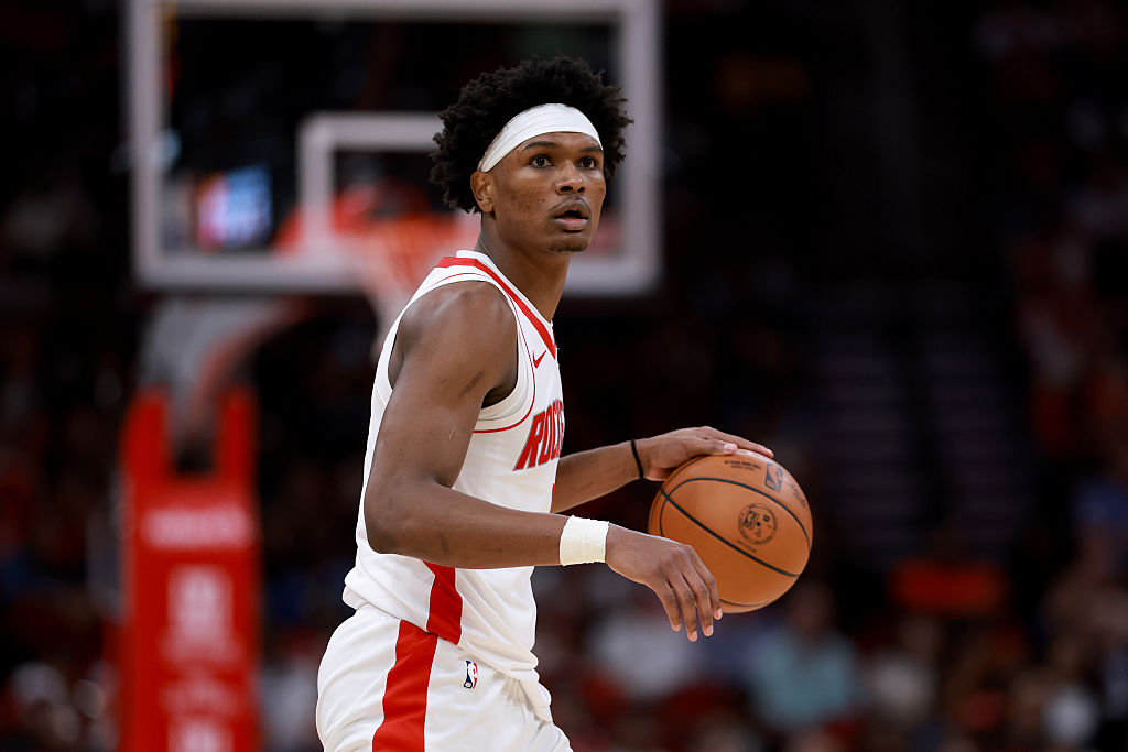 HOUSTON, TEXAS - MARCH 21: Amen Thompson #1 of the Houston Rockets in action during the game between the Miami Heat and the Houston Rockets at Toyota Center on March 21, 2026 in Houston, Texas. NOTE TO USER: User expressly acknowledges and agrees that, by downloading and or using this photograph, User is consenting to the terms and conditions of the Getty Images License Agreement. (Photo by Kenneth Richmond/Getty Images)