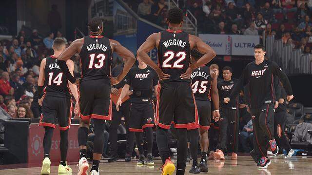 Andrew Wiggins #22, Bam Adebayo #13, Tyler Herro #14, Davion Mitchell #45, and Simone Fontecchio #0 of the Miami Heat look on during the game against the Cleveland Cavaliers on March 25, 2026 at Rocket Arena in Cleveland. Andrew Wiggins #22, Bam Adebayo #13, Tyler Herro #14, Davion Mitchell #45, and Simone Fontecchio #0 of the Miami Heat look on during the game against the Cleveland Cavaliers on March 25, 2026 at Rocket Arena in Cleveland.