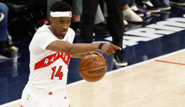 INGLEWOOD, CA - MARCH 25: Toronto Raptors guard Ja'kobe Walter (14) points during the Toronto Raptors vs LA Clippers game on March 25, 2026, at Intuit Dome in Inglewood, CA. (Photo by Jevone Moore/Icon Sportswire via Getty Images)