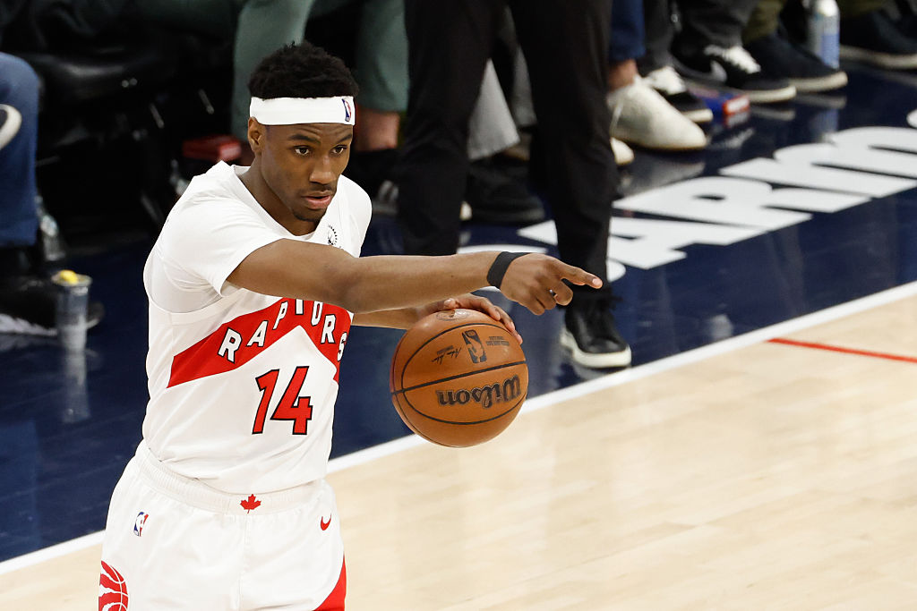 INGLEWOOD, CA - MARCH 25: Toronto Raptors guard Ja'kobe Walter (14) points during the Toronto Raptors vs LA Clippers game on March 25, 2026, at Intuit Dome in Inglewood, CA. (Photo by Jevone Moore/Icon Sportswire via Getty Images)