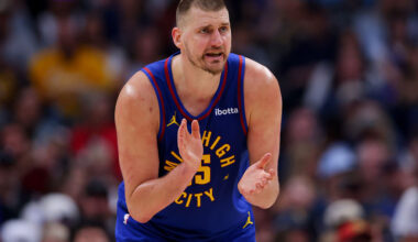 DENVER, CO - MARCH 22: Nikola Jokic #15 of the Denver Nuggets claps on the court during the third quarter against the Portland Trail Blazers at Ball Arena on March 22, 2026 in Denver, Colorado. NOTE TO USER: User expressly acknowledges and agrees that, by downloading and or using this photograph, User is consenting to the terms and conditions of the Getty Images License Agreement. The Nuggets defeated the Trail Blazers 128-112. (Photo by Justin Edmonds/Getty Images)