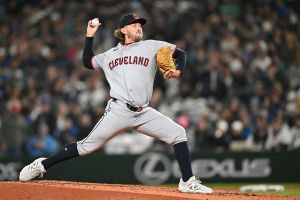 SEATTLE, WA - MARCH 26: Tanner Bibee #28 of the Cleveland Guardians pitches during the game between the Cleveland Guardians and the Seattle Mariners at T-Mobile Park on Thursday, March 26, 2026 in Seattle, Washington. (Photo by Rod Mar/MLB Photos via Getty Images)