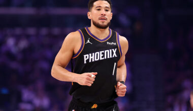 PHOENIX, ARIZONA - MARCH 21: Devin Booker #1 of the Phoenix Suns during the first half against the Milwaukee Bucks at Mortgage Matchup Center on March 21, 2026 in Phoenix, Arizona. The Bucks defeated the Suns 108-105. NOTE TO USER: User expressly acknowledges and agrees that, by downloading and or using this photograph, User is consenting to the terms and conditions of the Getty Images License Agreement. (Photo by Chris Coduto/Getty Images)