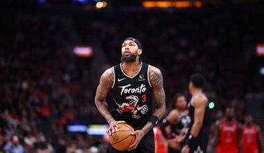 TORONTO, CANADA - MARCH 27: Brandon Ingram #3 of the Toronto Raptors free throw during the game against the New Orleans Pelicans on March 27, 2026 at the Scotiabank Arena in Toronto, Ontario, Canada. NOTE TO USER: User expressly acknowledges and agrees that, by downloading and or using this Photograph, user is consenting to the terms and conditions of the Getty Images License Agreement. Mandatory Copyright Notice: Copyright 2026 NBAE (Photo by Vaughn Ridley/NBAE via Getty Images)