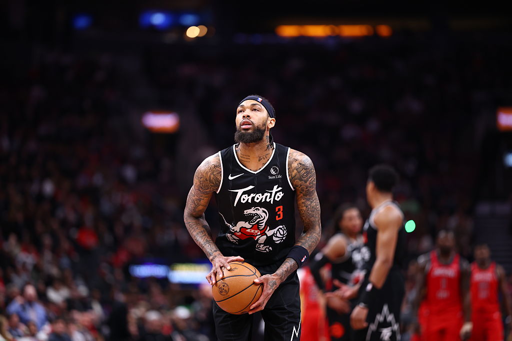 TORONTO, CANADA - MARCH 27: Brandon Ingram #3 of the Toronto Raptors free throw during the game against the New Orleans Pelicans on March 27, 2026 at the Scotiabank Arena in Toronto, Ontario, Canada. NOTE TO USER: User expressly acknowledges and agrees that, by downloading and or using this Photograph, user is consenting to the terms and conditions of the Getty Images License Agreement. Mandatory Copyright Notice: Copyright 2026 NBAE (Photo by Vaughn Ridley/NBAE via Getty Images)