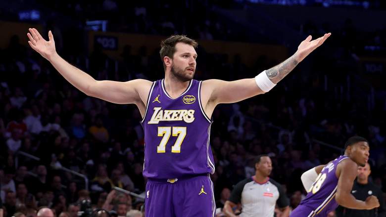 Luka Doncic reacts after technical foul during Los Angeles Lakers game