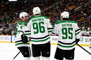 PITTSBURGH, PA - MARCH 28: Mikko Rantanen #96 of the Dallas Stars celebrates his second period goal against the Pittsburgh Penguins at PPG PAINTS Arena on March 28, 2026 in Pittsburgh, Pennsylvania. (Photo by Joe Sargent/NHLI via Getty Images)