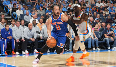 OKLAHOMA CITY, OK - MARCH 29: Jalen Brunson #11 of the New York Knicks dribbles the ball during the game against the Oklahoma City Thunder on March 29, 2026 at Paycom Center in Oklahoma City, Oklahoma. NOTE TO USER: User expressly acknowledges and agrees that, by downloading and or using this photograph, User is consenting to the terms and conditions of the Getty Images License Agreement. Mandatory Copyright Notice: Copyright 2026 NBAE (Photo by Jesse D. Garrabrant/NBAE via Getty Images)