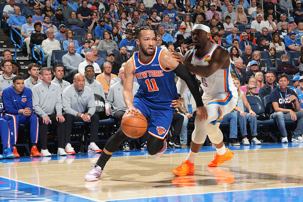 OKLAHOMA CITY, OK - MARCH 29: Jalen Brunson #11 of the New York Knicks dribbles the ball during the game against the Oklahoma City Thunder on March 29, 2026 at Paycom Center in Oklahoma City, Oklahoma. NOTE TO USER: User expressly acknowledges and agrees that, by downloading and or using this photograph, User is consenting to the terms and conditions of the Getty Images License Agreement. Mandatory Copyright Notice: Copyright 2026 NBAE (Photo by Jesse D. Garrabrant/NBAE via Getty Images)