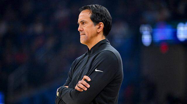 Head coach Erik Spoelstra of the Miami Heat watches during the third quarter against the Cleveland Cavaliers at Rocket Arena on March 27, 2026 in Cleveland, Ohio.