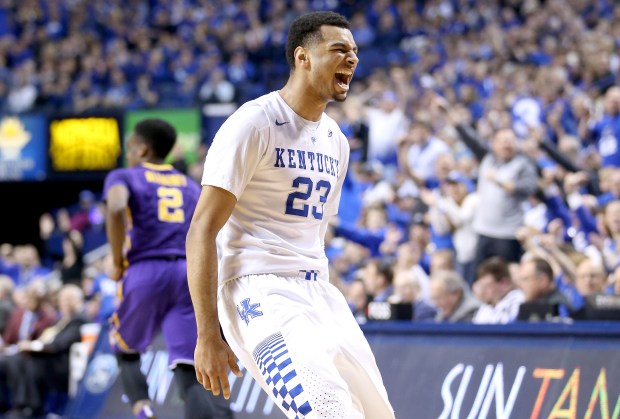 amal Murray of the Kentucky Wildcats celebrates in the game against the LSU Tigers at Rupp Arena on March 5, 2016 in Lexington, Kentucky. (Photo by Andy Lyons/Getty Images)