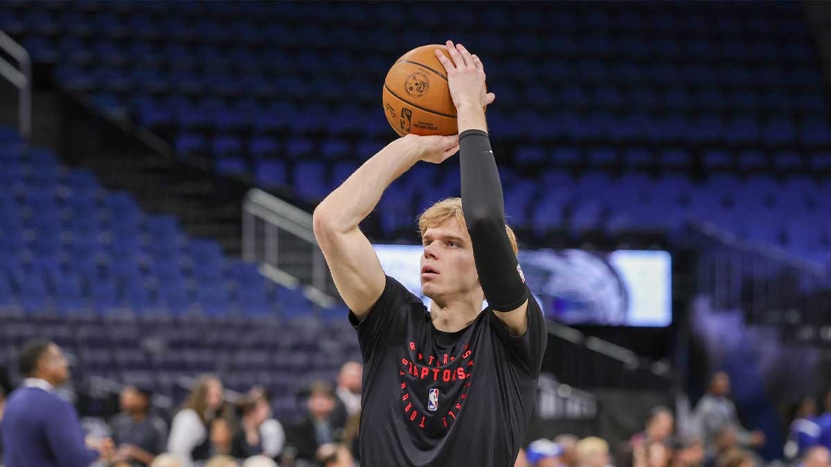 Toronto Raptors guard Gradey Dick (1) warms up before the game against the Orlando Magic at Kia Center.