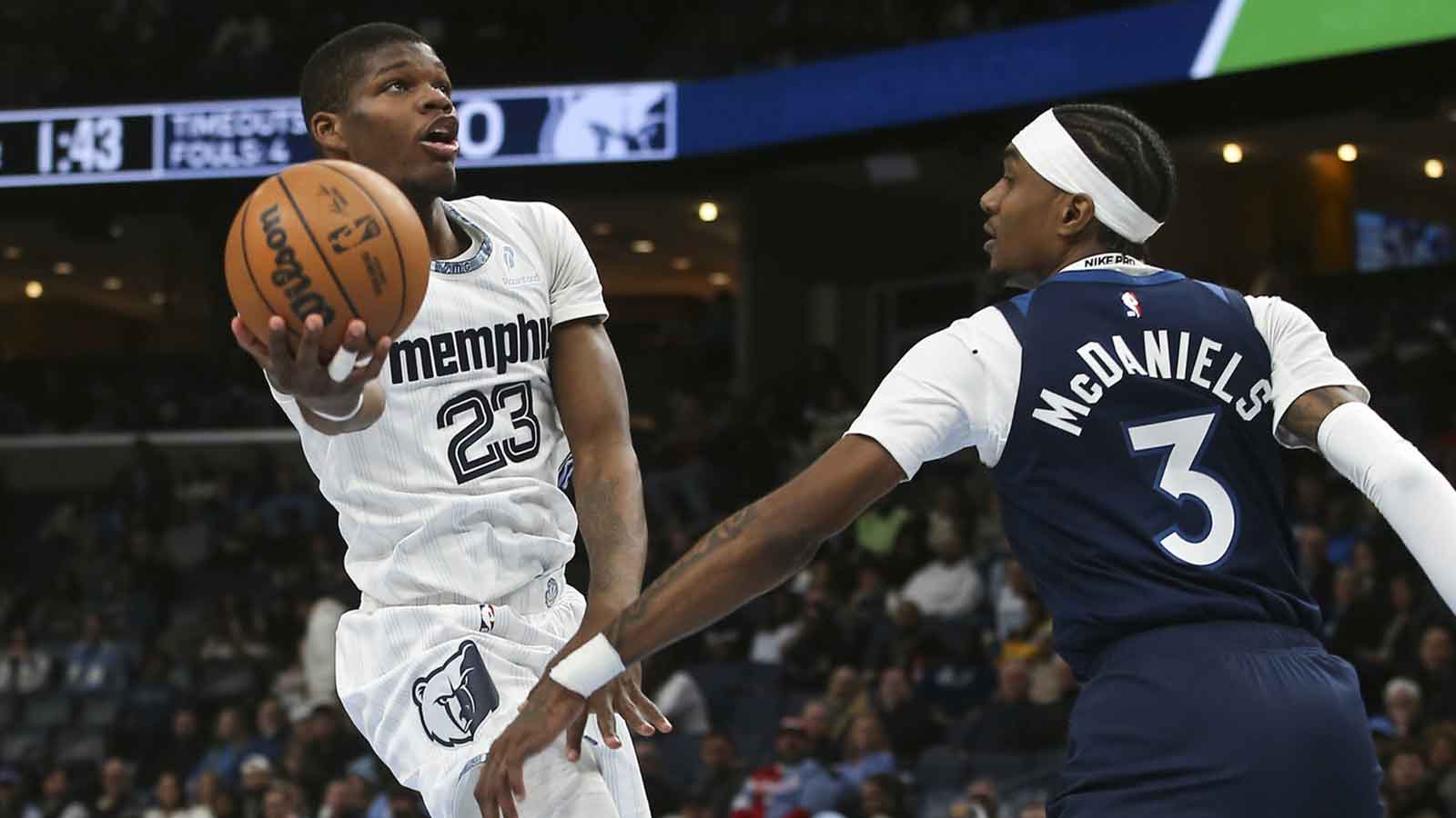 Feb 2, 2026; Memphis, Tennessee, USA; Memphis Grizzlies forward Cedric Coward (23) shoots as Minnesota Timberwolves forward Jaden McDaniels (3) defends during the second quarter at FedExForum. Mandatory Credit: Petre Thomas-Imagn Images