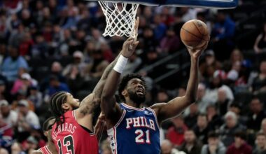 Sixers # 21 Joel Embiid battles Chicago’s # 13 Nick Richards in the first half of the Chicago Bulls at Philadelphia 76ers (Sixers) NBA game at Xfinity Mobile Arena in Philadelphia on Wednesday, March 25, 2026.