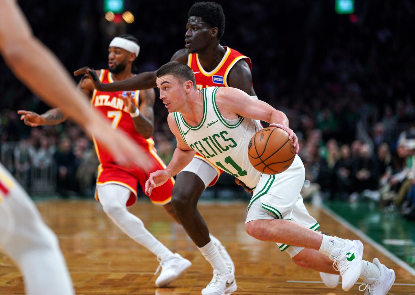 Payton Pritchard came off the Celtics bench to score 19 of his game-high 36 points in the first half of Friday night's 109-102 victory over the visiting Hawks Friday night at TD Garden.