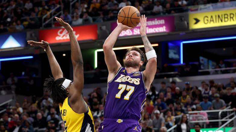Luka Doncic of the Los Angeles Lakers shoots the ball against the Indiana Pacers