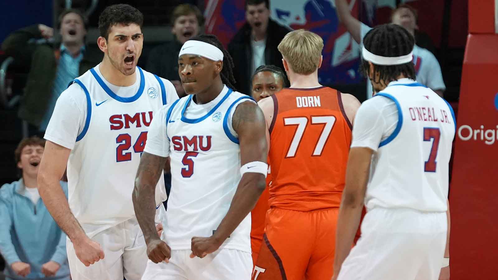 SMU Mustangs guard Jaron Pierre Jr. (5) flexes after a made basket against the Virginia Tech Hokies during the first half at Moody Coliseum.