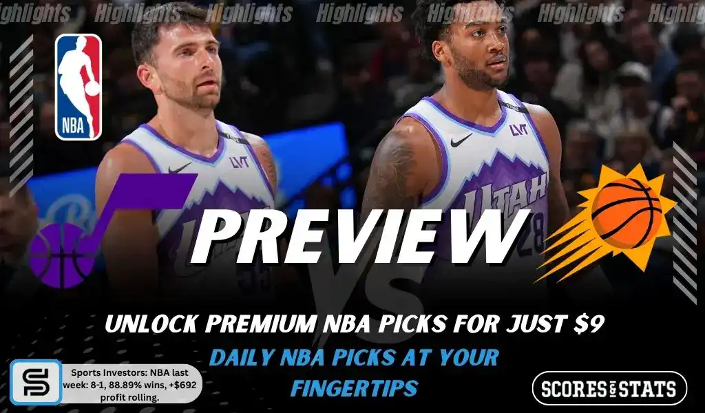Utah Jazz vs Phoenix Suns preview image with both team logos, a relevant basketball background, and the ScoresAndStats logo.