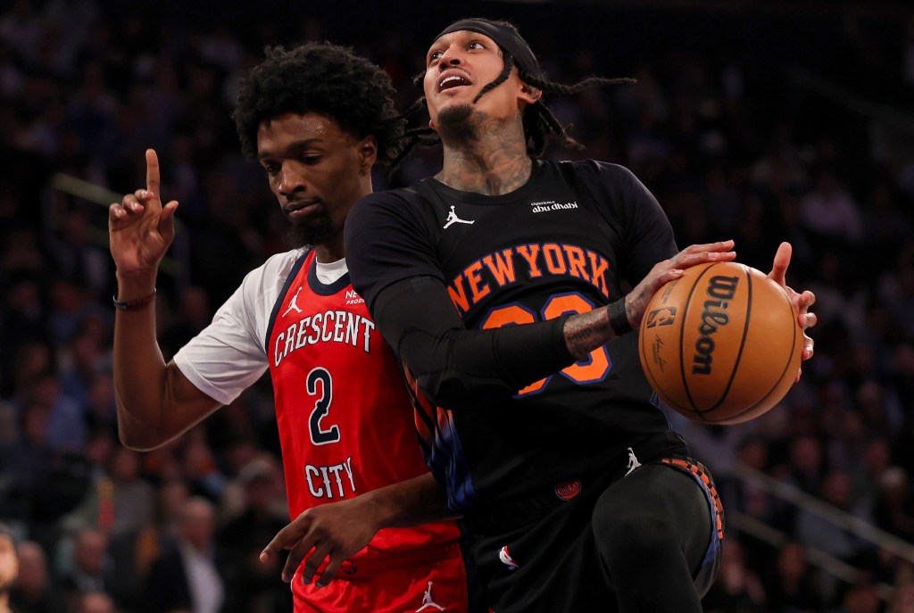 Jordan Clarkson, who had 10 points and five assists, drives past Herbert Jones during the second quarter of the Knicks' 121-116 win over the Pelicans on March 24, 2026 at the Garden.