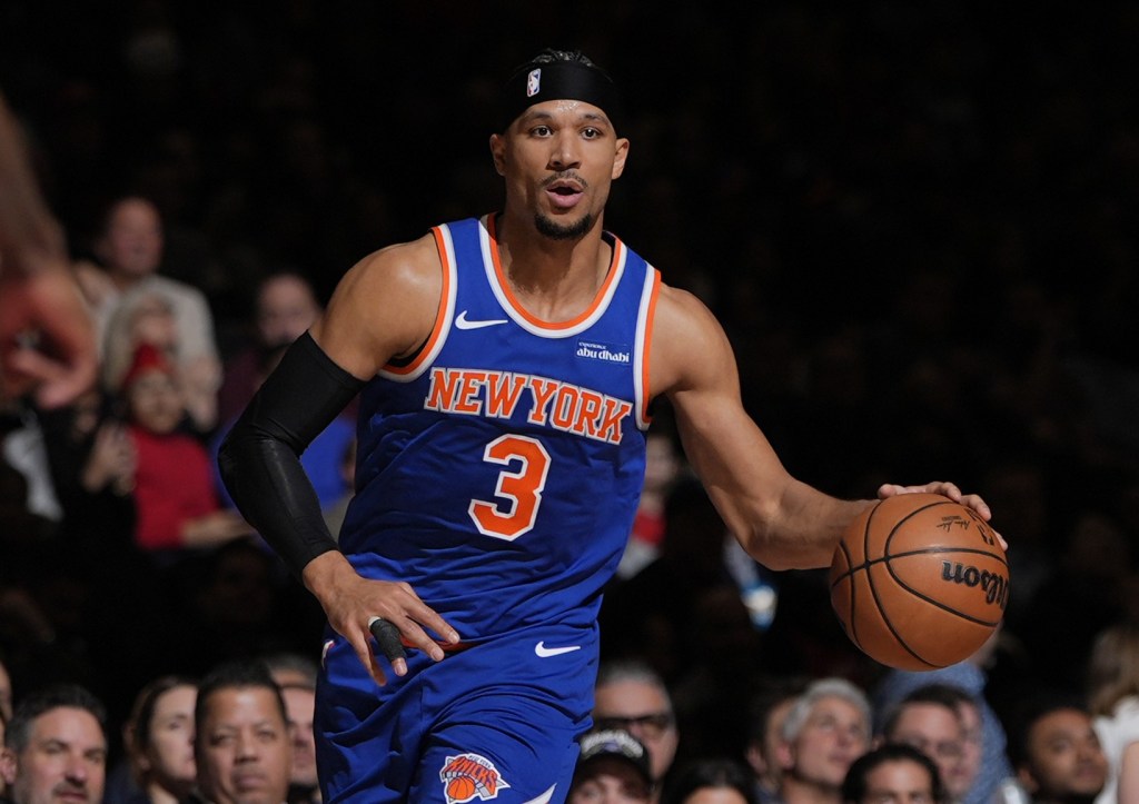 Josh Hart dribbles up court during the Knicks' 111-95 blowout win over the Raptors on March 3, 2026 in Toronto.
