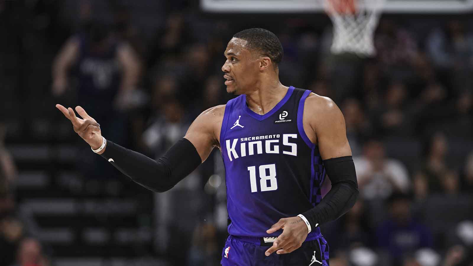 Kings guard Russell Westbrook (18) reacts after a three point basket during the second quarter against the Phoenix Suns at Golden 1 Center