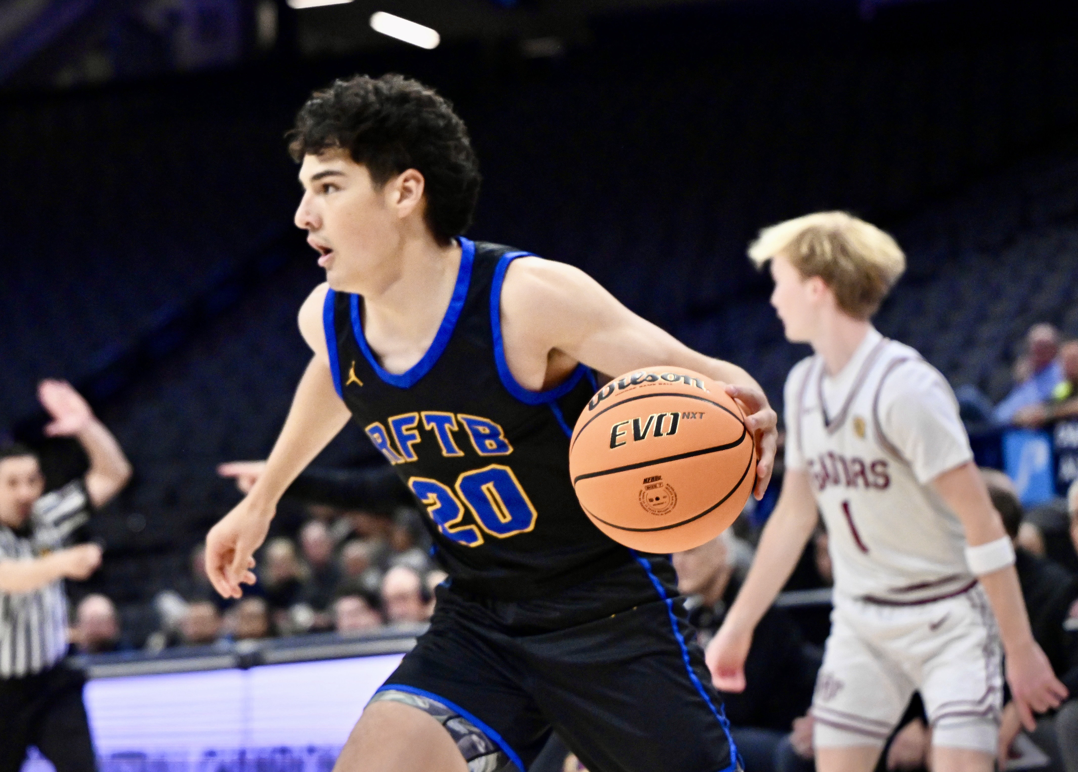 Garrett Brehmer #20 of the San Juan Hills Stallions controls...