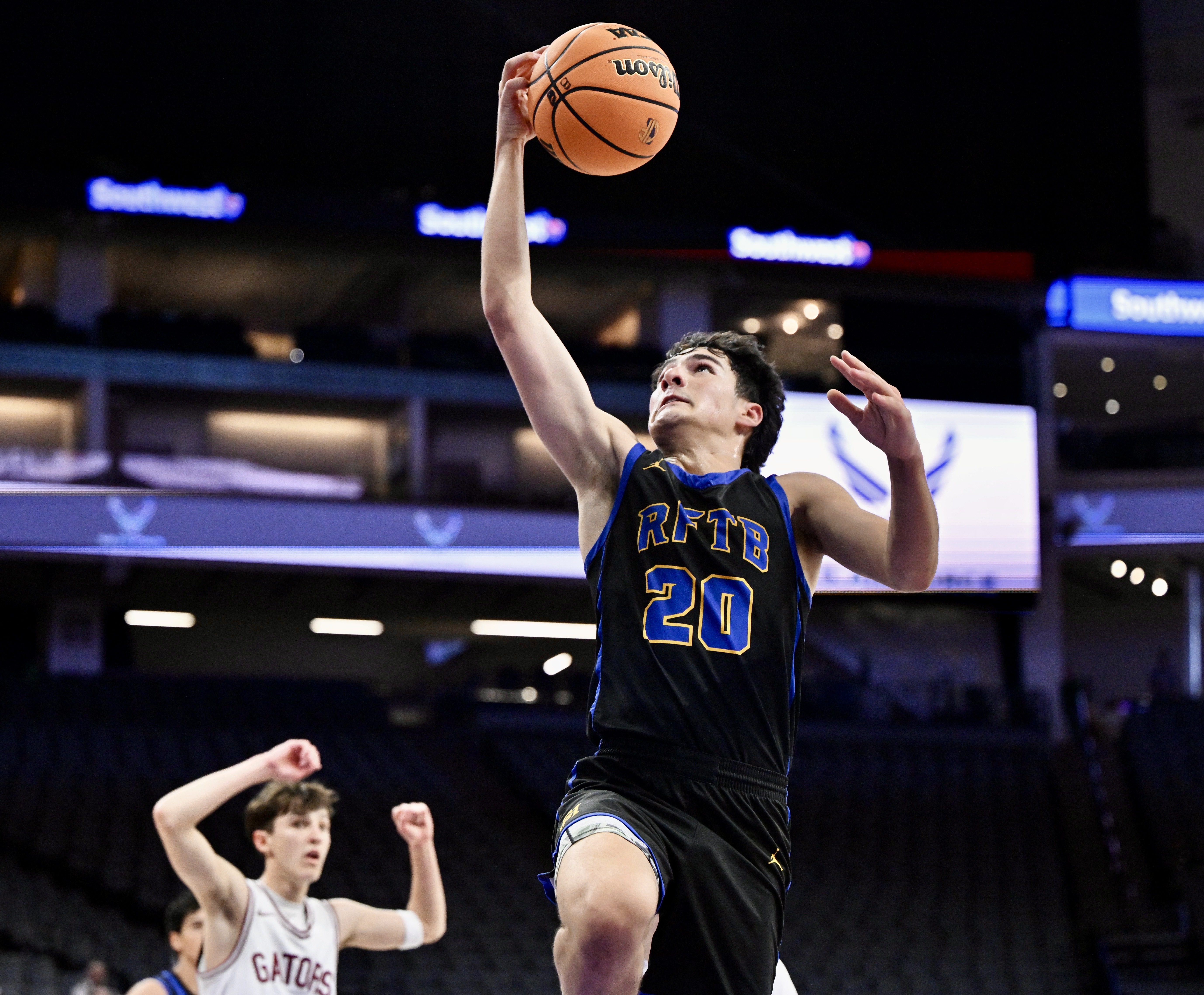 Garrett Brehmer #20 of the San Juan Hills Stallions drives...