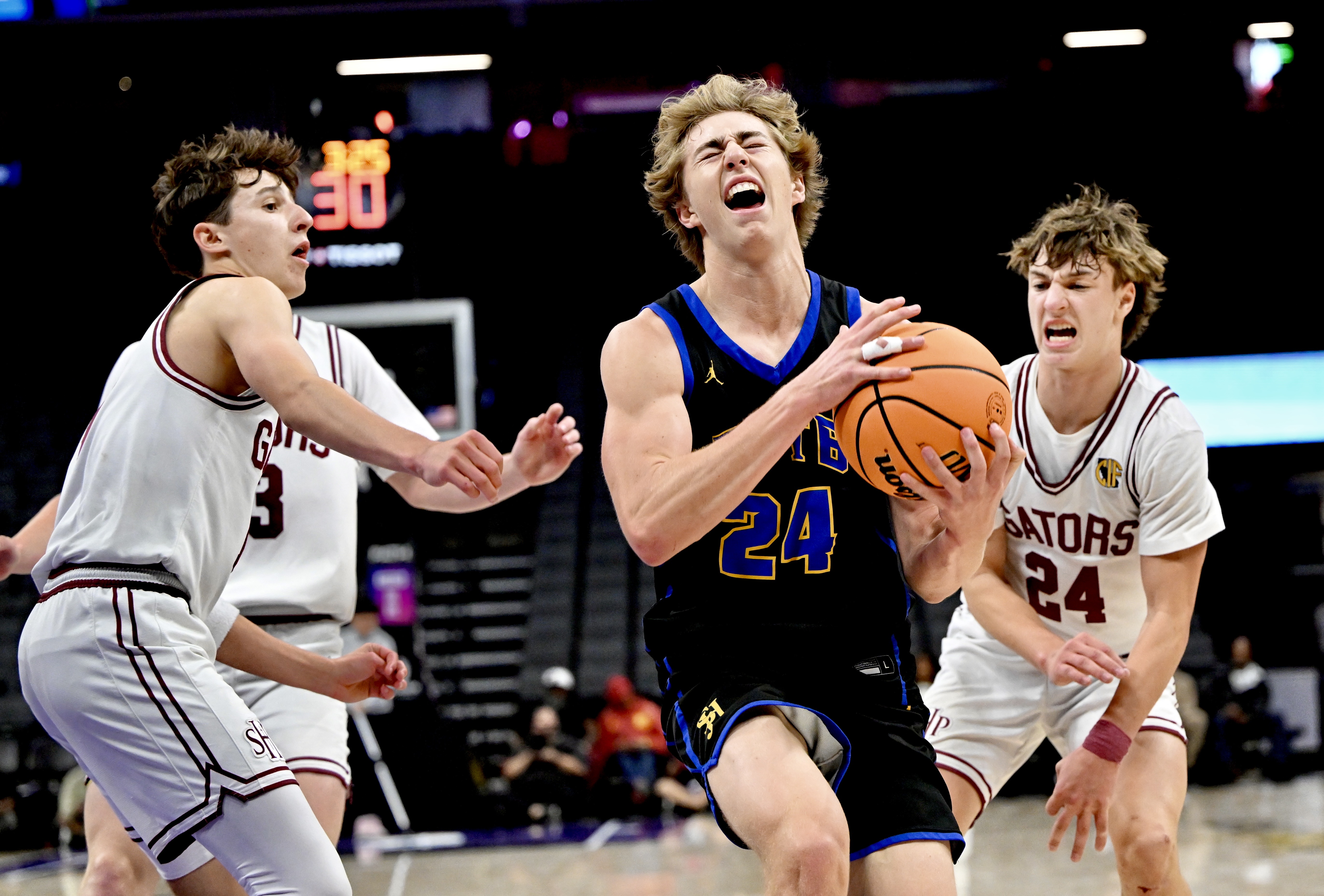 Rocco Jensen #24 of the San Juan Hills Stallions drives...