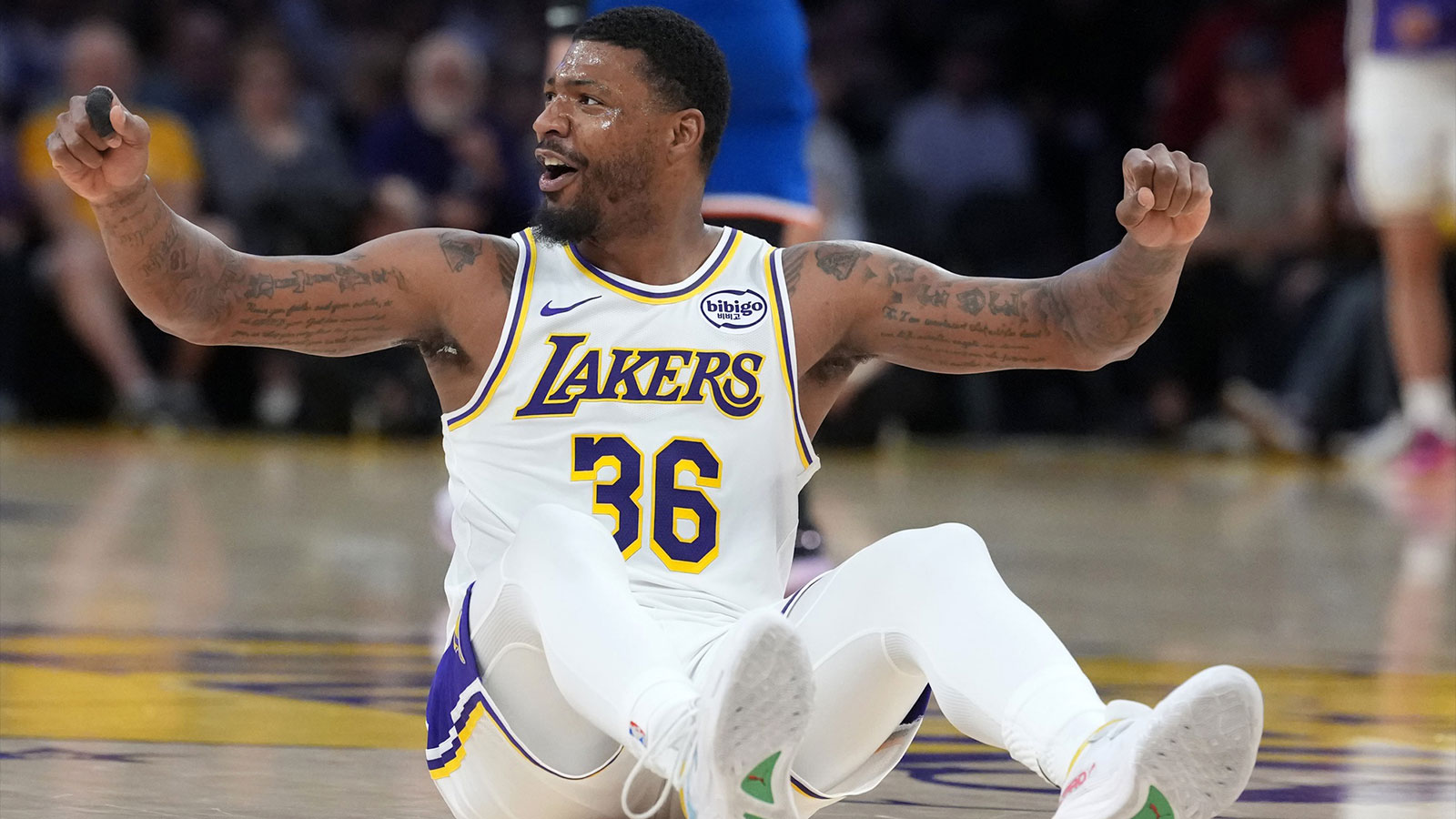 Lakers guard Marcus Smart (36) reacts against the New York Knicks in the first half at Crypto.com Arena