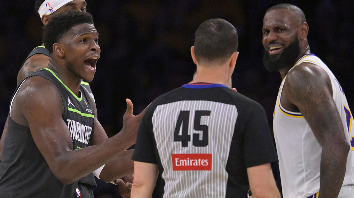 Minnesota Timberwolves guard Anthony Edwards (5) reacts toward referee Brian Forte (45) after called for a foul on Los Angeles Lakers forward LeBron James (23) in the second half at Crypto.com Arena.
