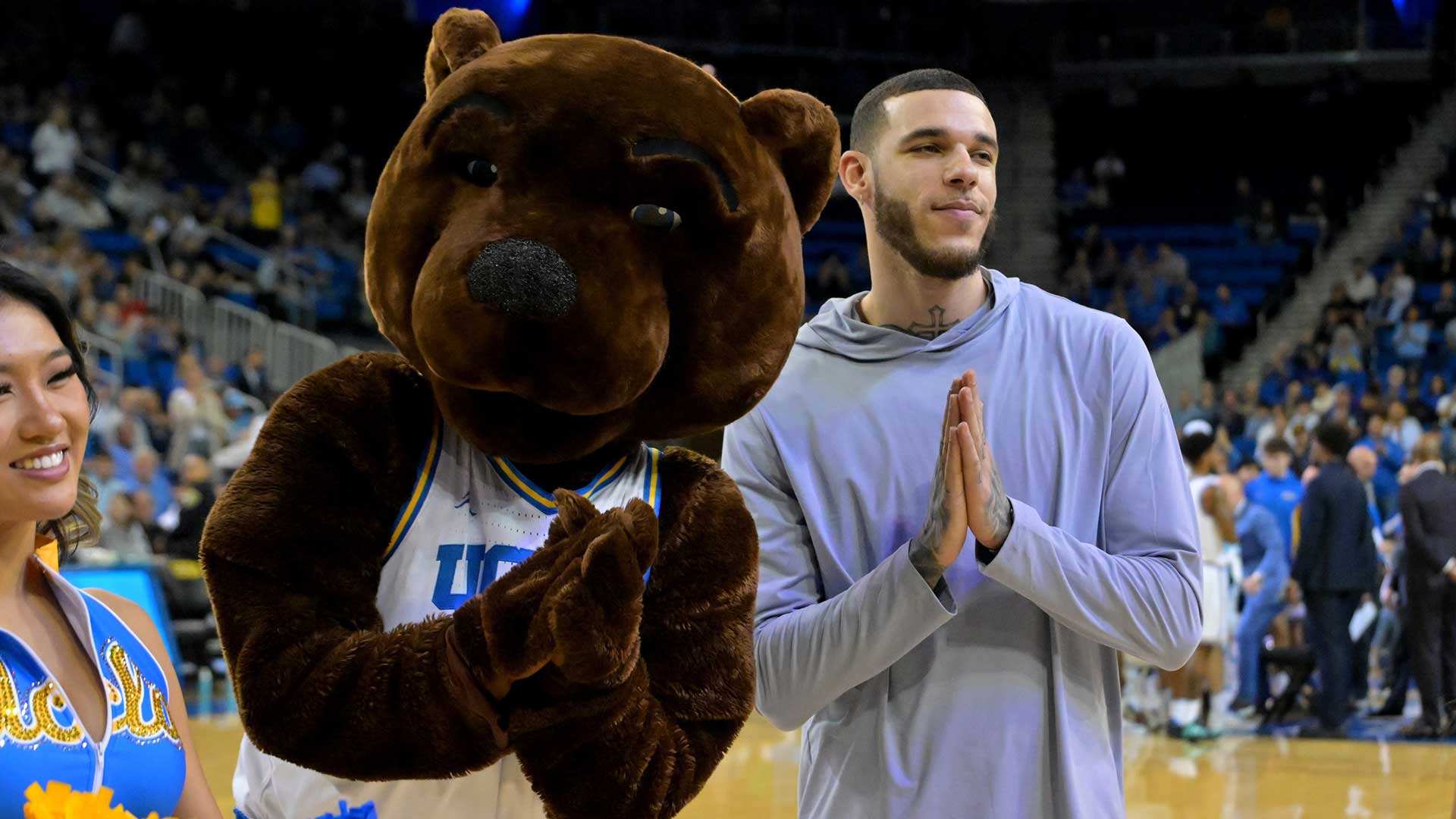 Former UCLA Bruins Lonzo Ball is introduced to the crowd as the team's honorary captain for the game against the Rutgers Scarlet Knights at Pauley Pavilion presented by Wescom Financial.