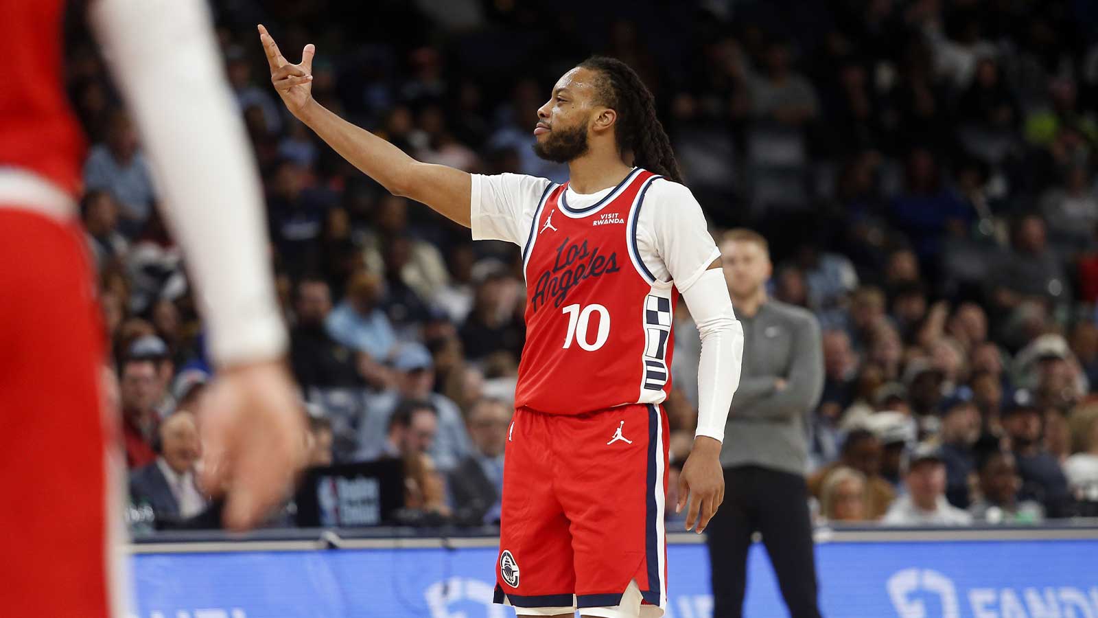 Los Angeles Clippers guard Darius Garland (10) reacts after a basket during the fourth quarter against the Memphis Grizzlies at FedExForum. Mandatory Credit: Petre Thomas-Imagn Images