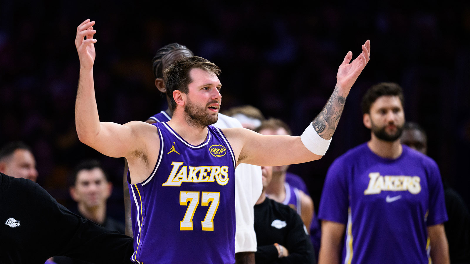 Los Angeles Lakers guard Luka Doncic (77) reacts during the second half against the Brooklyn Nets at Crypto.com Arena.