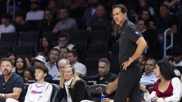 Miami Heat head coach Erik Spoelstra watches his team play against the Orlando Magic in the first half of their NBA game at Kaseya Center on March 14, 2026, in Miami.