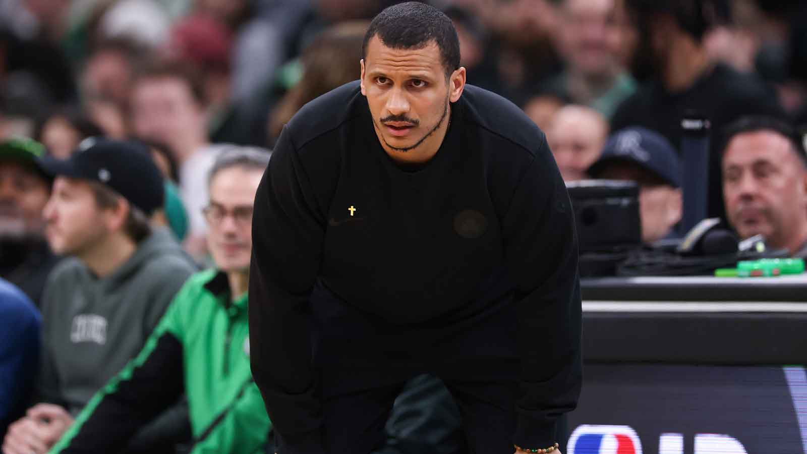 Boston Celtics head coach Joe Mazzulla reacts during the first half against the Philadelphia 76ers at TD Garden. Mandatory Credit: Paul Rutherford-Imagn Images