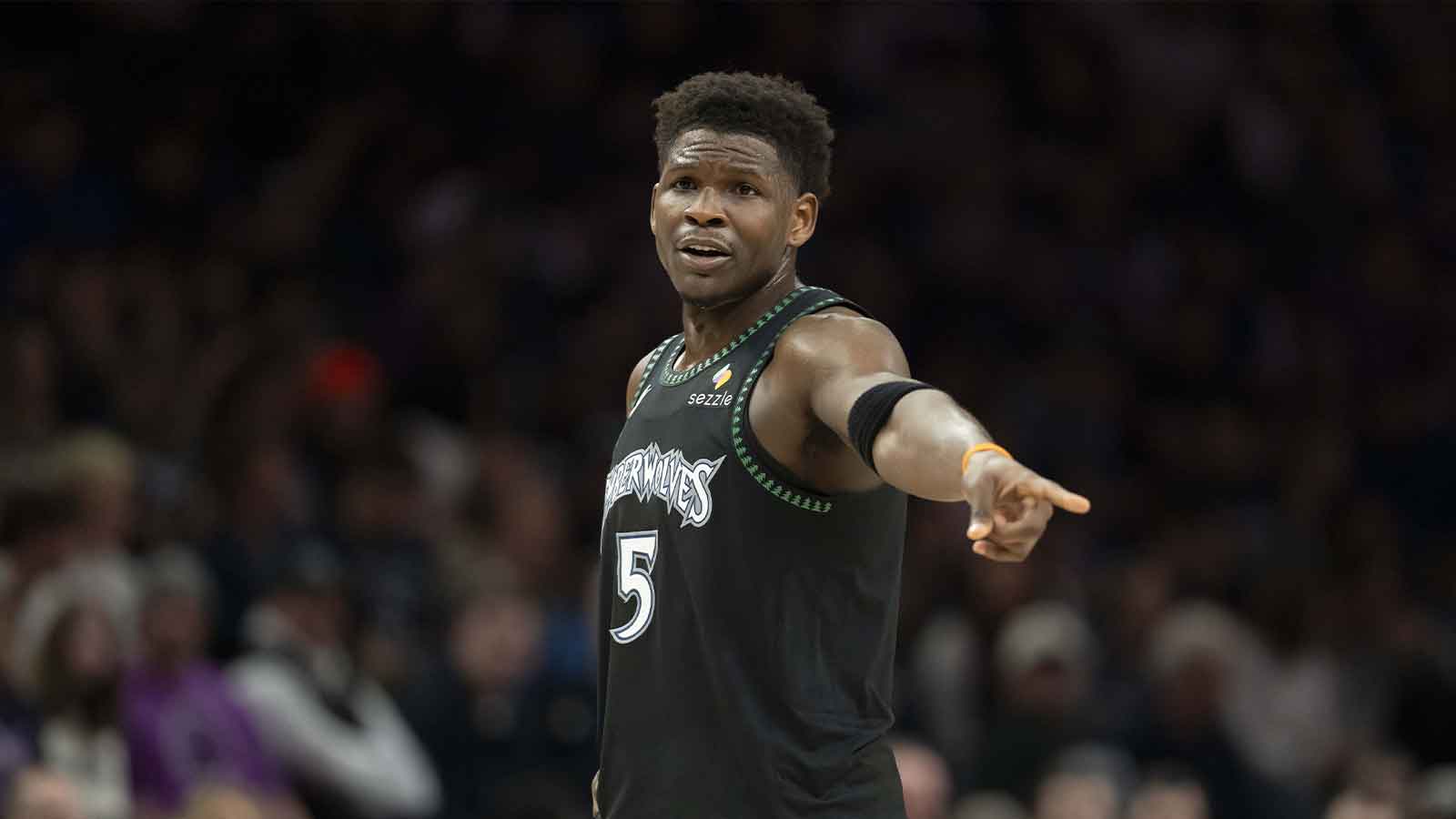 Mar 5, 2026; Minneapolis, Minnesota, USA; Minnesota Timberwolves guard Anthony Edwards (5) looks on during a free throws against the Toronto Raptors in the first half at Target Center. Mandatory Credit: Jesse Johnson-Imagn Images